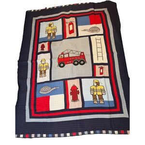 Pem America Fireman Fire Engine COTTON QUILT 86" Square Vintage Ladder